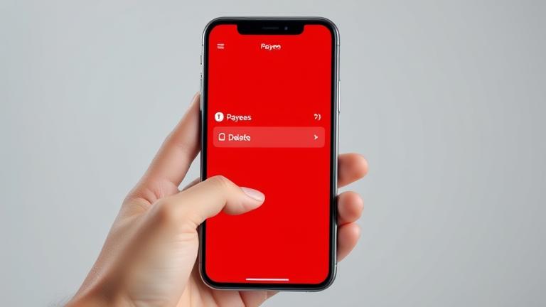 alt_text: Smartphone showing Wells Fargo app's Payees section with delete icon, in user-friendly setting.