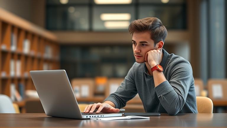 Motivated student at desk, contemplating college account management, with campus background.