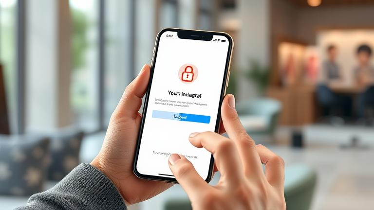 alt_text: Person securely logs out of Instagram on smartphone in a bright, modern setting.