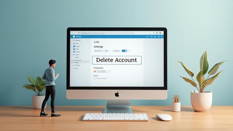 User-provided prompt: Create a highly realistic and engaging cover image that visually represents the process of deleting an account on IMVU. The scene should depict a computer or mobile device screen showing the IMVU login or account settings page with the "Delete Account" option highlighted. Include subtle elements like a person confidently navigating their account settings, or a clean, modern interface that emphasizes account management. Use a bright, inviting color palette to make the image approachable and informative, suitable for a tutorial or help guide. Incorporate IMVU branding elements subtly to ensure clarity and context. Call this output "alt_text". alt_text: Person confident on device, viewing IMVU account settings with "Delete Account" highlighted.