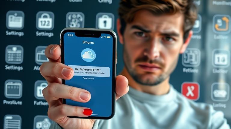 alt_text: Person holding iPhone with concern, surrounded by security icons and reset visuals.
