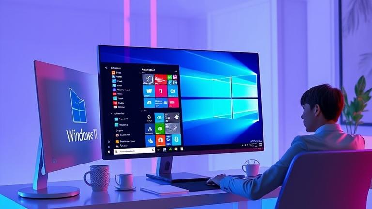 Futuristic Windows 11 desktop glitching, user troubleshooting tech issues with concern.