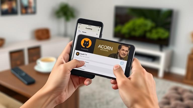 alt_text: Person cancels Acorn TV on device in cozy living room setting.