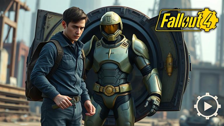 alt_text: Player in a ruined setting unlocking Paladin Danse’s power armor, with Fallout-inspired details.