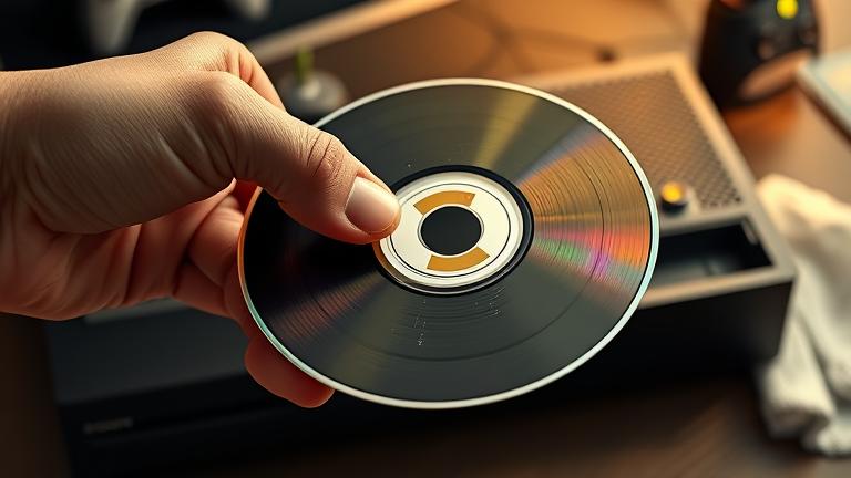 alt_text: Hand holding scratched Xbox disc near console, repair tools nearby, highlighting troubleshooting.
