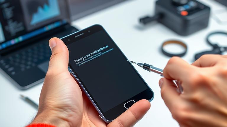 alt_text: Person troubleshooting Android media error on phone with tools in a modern workspace.