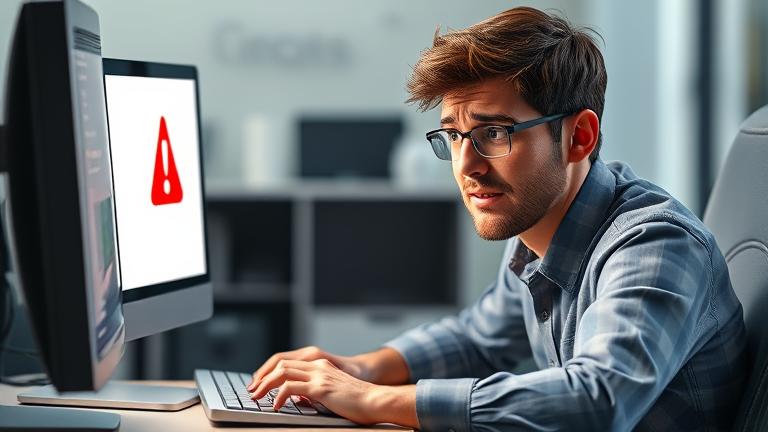alt_text: Frustrated user at computer with error message and Google Picasa interface and warning icon.