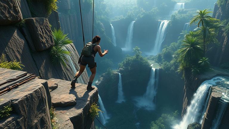 alt_text: Lara Croft prepares for a daring high dive into ruins amid waterfalls and lush jungle scenery.