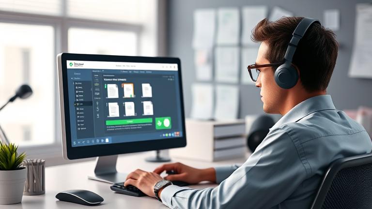 alt_text: Person focused at desk using data recovery software on email files in a modern office.