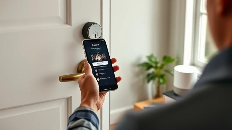 alt_text: Person uses smartphone with August app, near lock and Google Home, showcasing smart home integration.