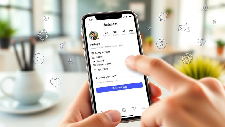 alt_text: Smartphone showing Instagram profile, finger tapping delete option in a modern setting.