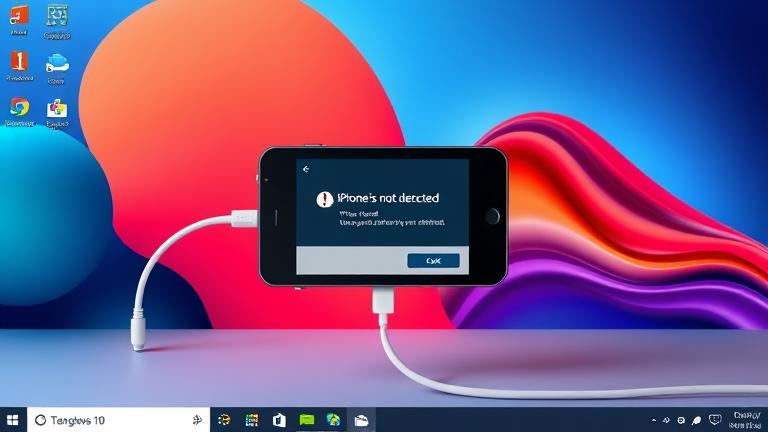 Windows 10 desktop with iPhone error, showing device not detected, plus troubleshooting icons.