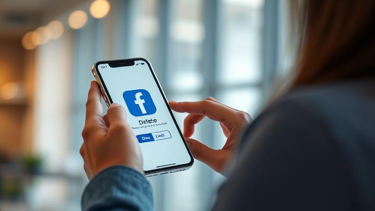 alt_text: Person confidently using phone with Facebook logo and delete prompt, emphasizing quick privacy action.