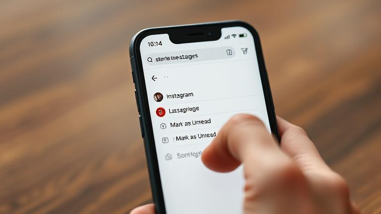 alt_text: Smartphone screen showing Instagram DMs, user taps message to mark as unread.