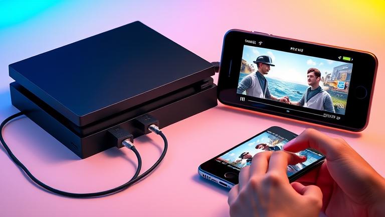 alt_text: PS4 transferring clips to a smartphone with a sleek, vibrant, tech-inspired background.