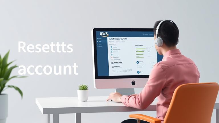 alt_text: Person manages AWS account reset on laptop with console, AWS logo, and secure settings.