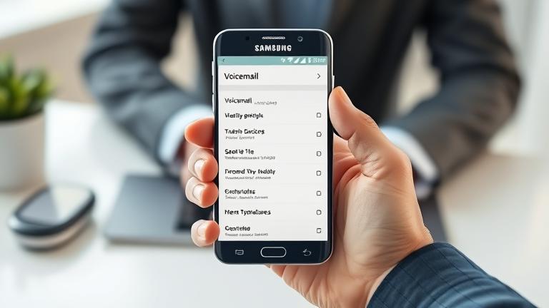 alt_text: Person holding Samsung phone with voicemail settings on screen in a professional, clean environment.
