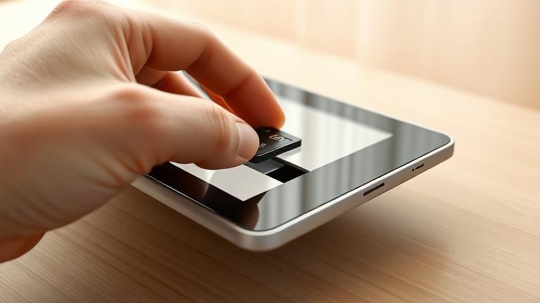 alt_text: Person inserting SD card into Android tablet’s side in a clean, modern, user-friendly setting.