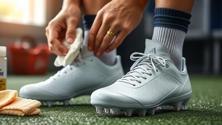 alt_text: Close-up of person cleaning shiny white football cleats with supplies in a locker room.