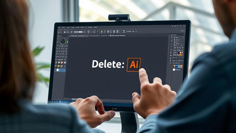 alt_text: Person using Adobe Illustrator with delete option highlighted on a computer screen.