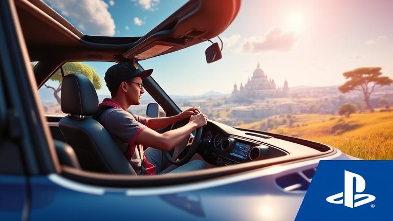 alt_text: Fortnite player driving a customized car in vibrant landscape on PS4, energetic and detailed.