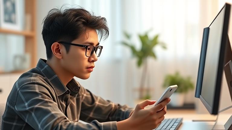 alt_text: Person using device in modern space, with LINE icons and recovery symbols, for account help.