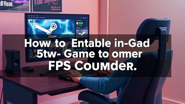 alt_text: Gamer at desk with Steam game on screen, FPS overlay, gaming setup, bold title overlay.