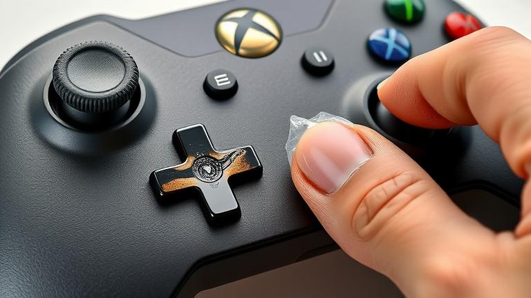 alt_text: Close-up of an Xbox controller with stuck buttons, hand cleaning them in natural light.