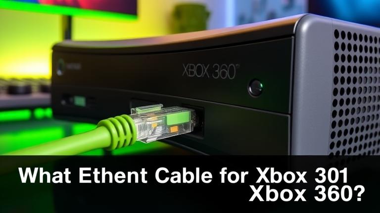 alt_text: Xbox 360 with Ethernet cable plugged in, vibrant setup, text: "What Ethernet Cable for Xbox 360?"