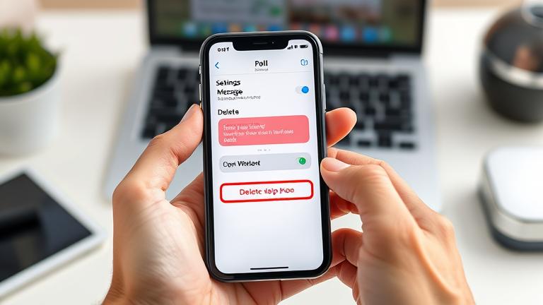 alt_text: Person manages iMessage on iPhone, poised to delete or turn off messages in a modern workspace.