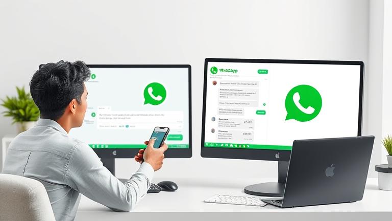 alt_text: Person multitasks with WhatsApp on phone and PC in a modern workspace, showing seamless connectivity.