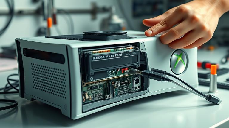 alt_text: Close-up of Xbox 360 Slim open, hands using JTAG device in a tech workspace.