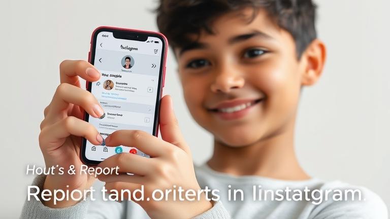 alt_text: Young person reports on Instagram using phone; safety icon overlay emphasizes action.