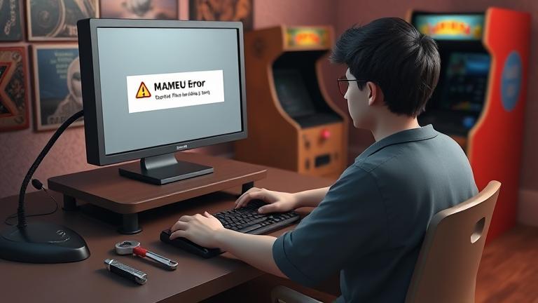 alt_text: Frustrated gamer with error on screen, arcade in background, tools nearby, ready to fix.