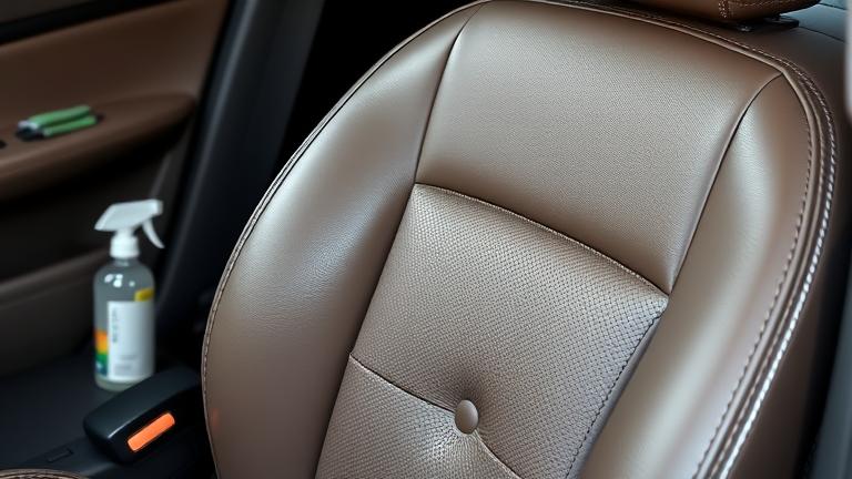 alt_text: Close-up of a clean leather car seat with cleaning tools, highlighting freshness and odor removal.