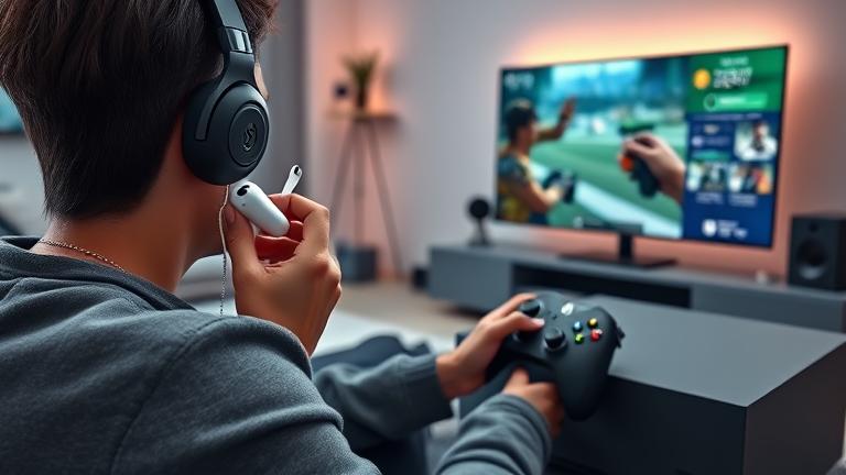 alt_text: Person with AirPods gaming on Xbox Series X in a modern, detailed gaming room.