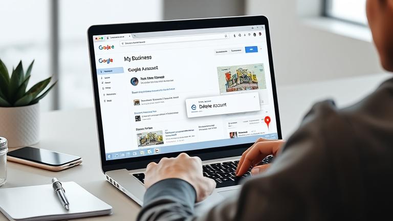 alt_text: Person managing Google My Business on laptop with "Delete Account" visible on screen.