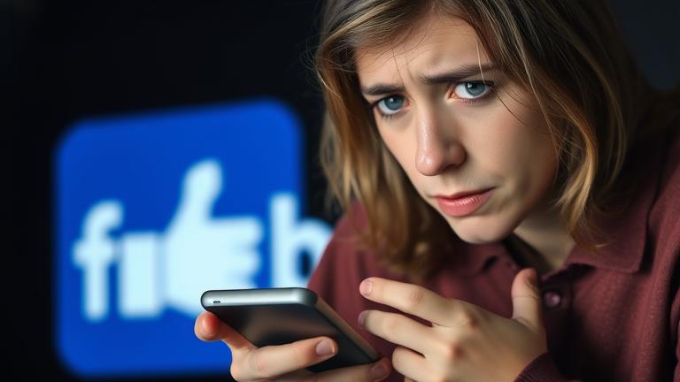 alt_text: Frustrated person looks at phone with Facebook logo, hinting at deletion and hope of recovery.