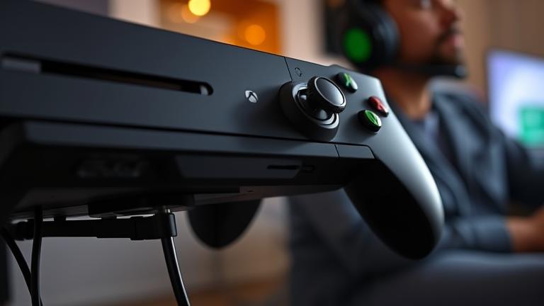 alt_text: Xbox One setup showing mic monitoring with controller, gamer wearing headphones, sound waves.