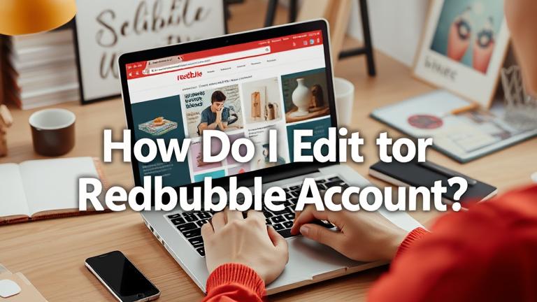 alt_text: Person editing Redbubble on laptop in a creative workspace with overlay text about account editing.