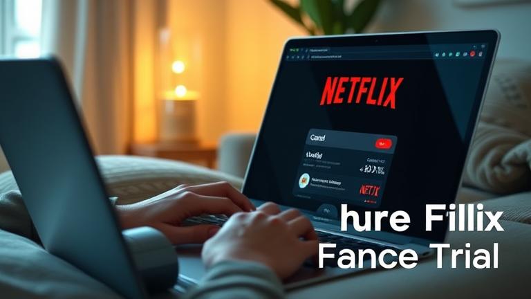 alt_text: Person using Netflix on device, with "Cancel Your Free Trial" hint in cozy, modern setting.
