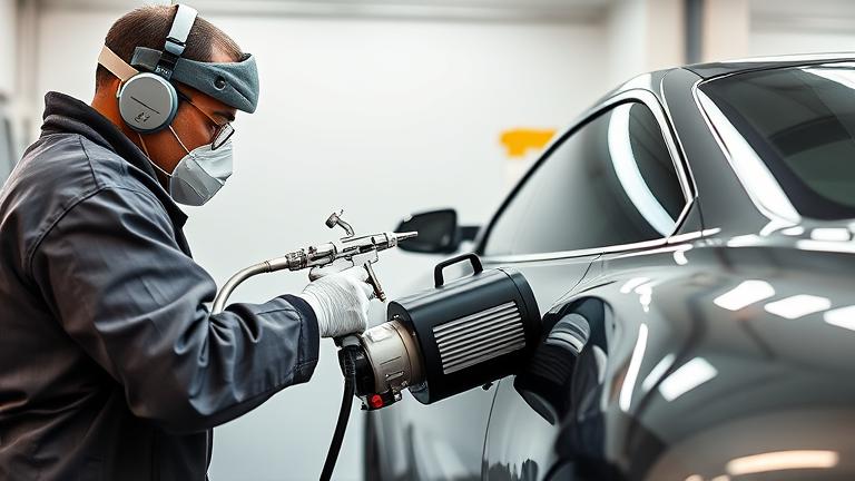 alt_text: Car painter with safety gear uses small compressor to spray shiny car in organized workshop.