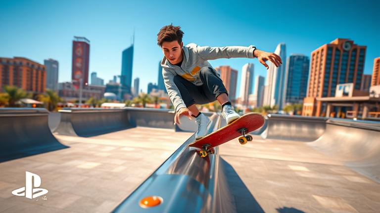 alt_text: Realistic skateboarder nosegrinds on a skatepark rail with city backdrop, PS4 branding.