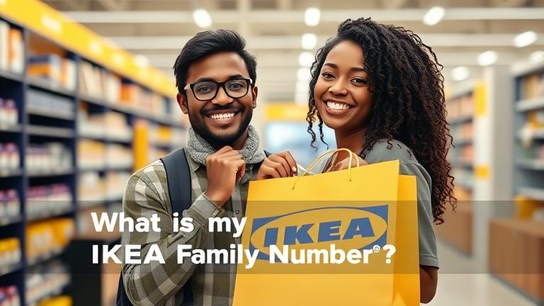 alt_text: Friendly diverse shopper with IKEA bag inside store; space for "What is my IKEA Family Number?"