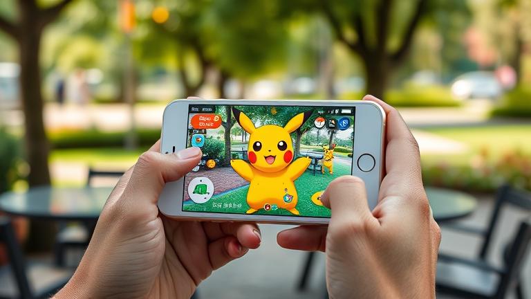 alt_text: Person holding iPhone 6 with Pokémon game, park background, vibrant colors, gaming icons.