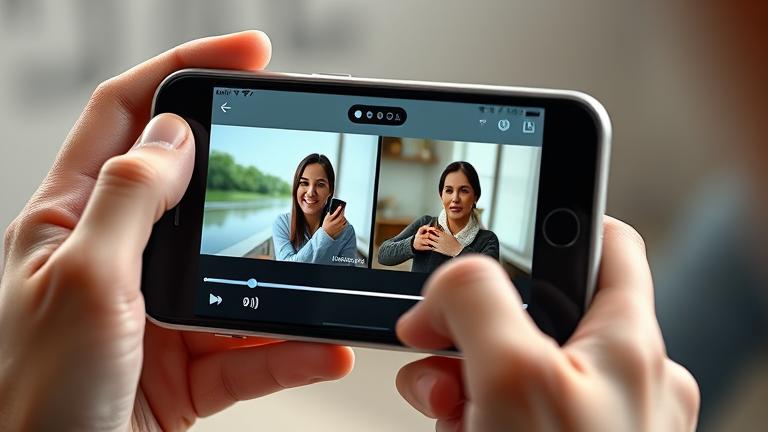 alt_text: Person managing two videos split-screen on iPhone with focused look and realistic lighting.