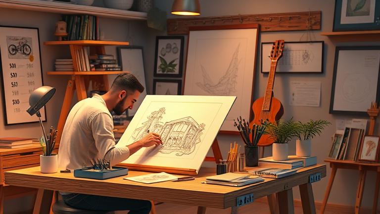 alt_text: Artist at desk with supplies, pricing chart, symbolizing the cost of original artwork.
