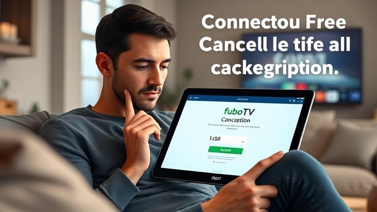 alt_text: Person at home viewing fuboTV cancellation page with countdown, in cozy living room.