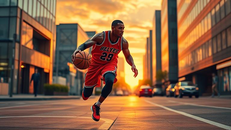 alt_text: NBA player dribbling on city street at sunset with virtual currency icons, symbolizing "unlimited VC."