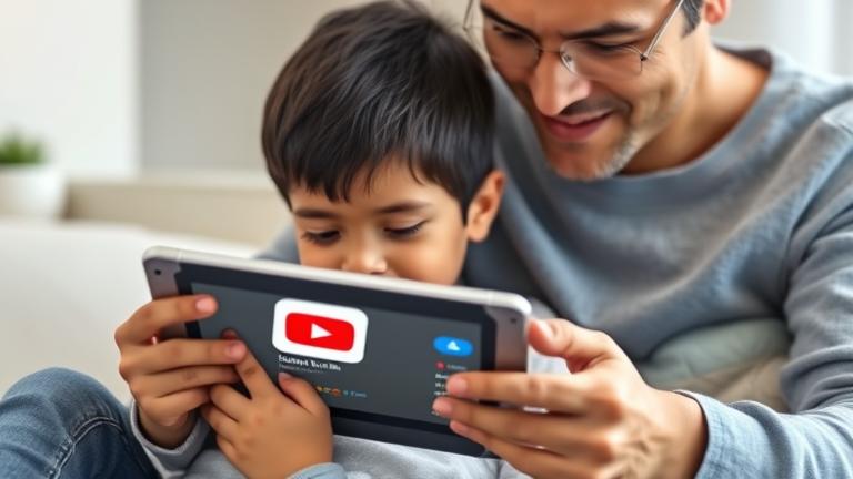 alt_text: Child using tablet with YouTube app, supervised by parent via Google Family Link branding.